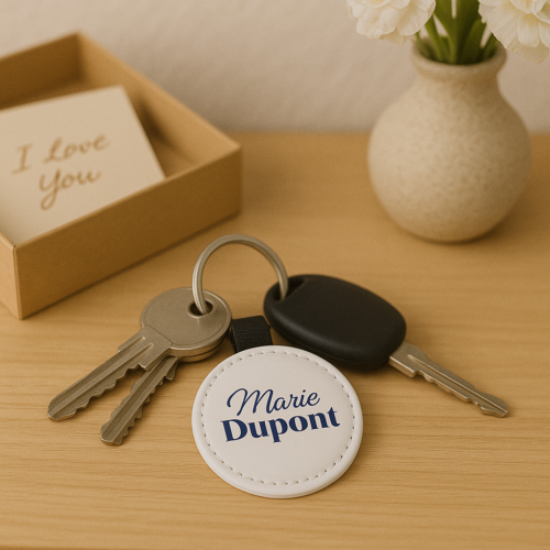 Porte-clé rond avec Prénom Nom - verso Bleu – Image 2