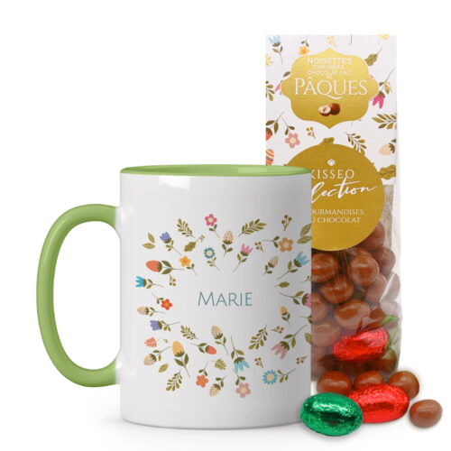 Mug vert Joyeuses Pâques avec prénom  + Sachet Noisettines