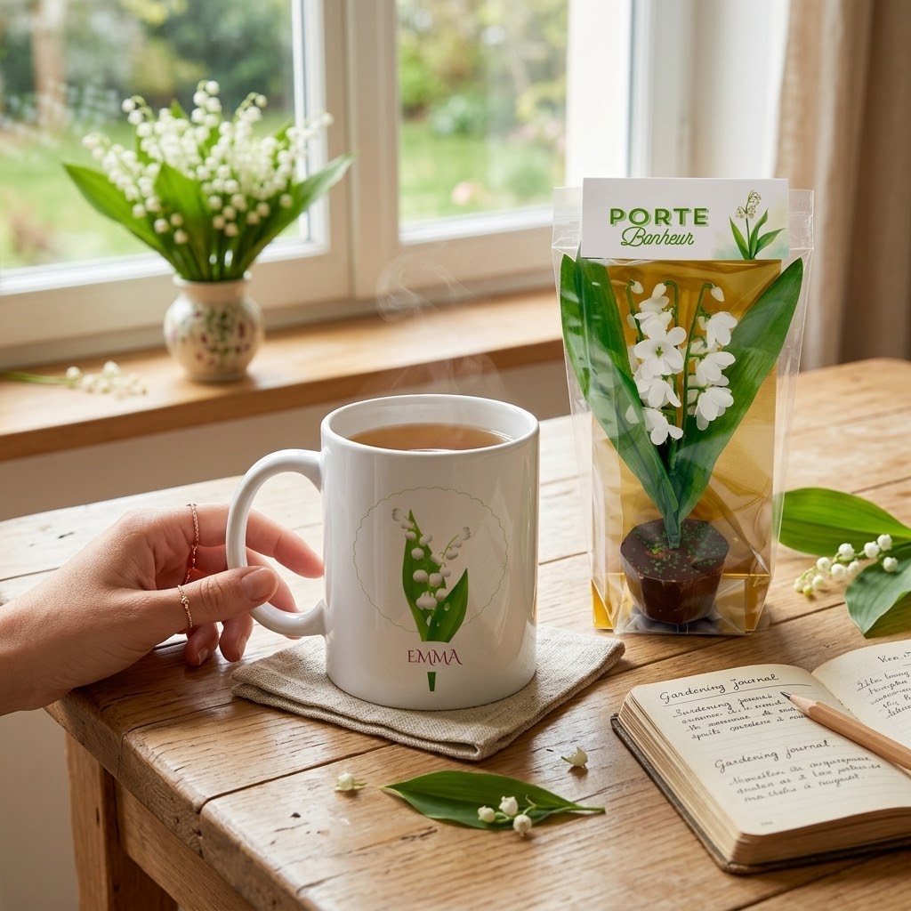 Mug brin de Muguet avec prénom + Pot de Muguet en chocolat