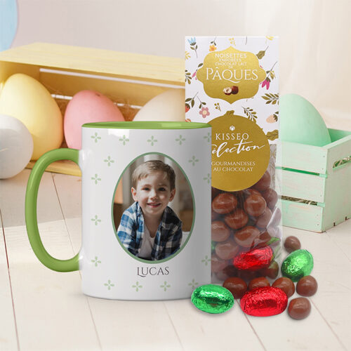 Mug vert Joyeuses Pâques avec photo + Sachet Noisettines – Image 2