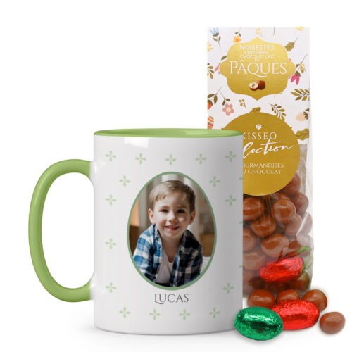 Mug vert Joyeuses Pâques avec photo + Sachet Noisettines