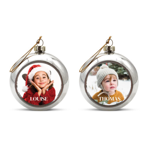 Lot de 2 Boules de Noël Argent - Photo avec prénom