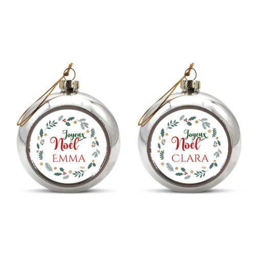 Lot de 2 Boules de Noël Argent - Couronne Joyeux Noël