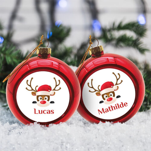 Lot de 2 Boules de Noël Rouge - Renne avec prénom – Image 2