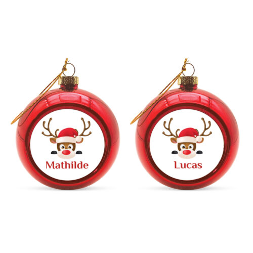 Lot de 2 Boules de Noël Rouge - Renne avec prénom