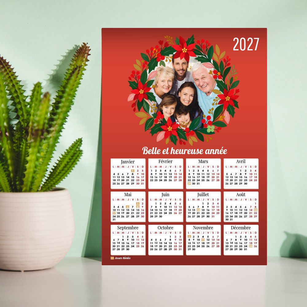 Calendrier format A3 personnalisé - Flocons rouges avec photo
