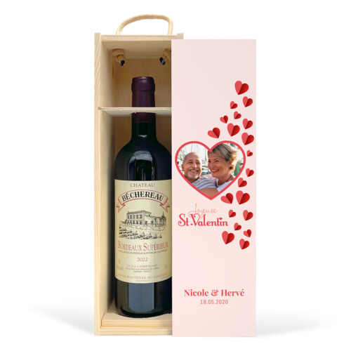 Coffret personnalisé et Vin rouge - Coeurs Saint-Valentin