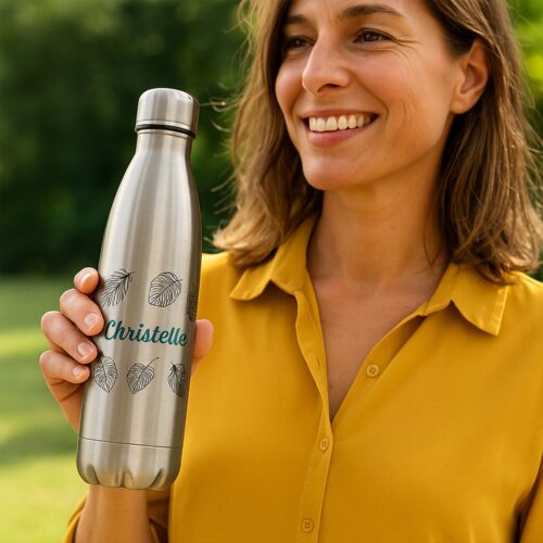 Bouteille isotherme Argent - Feuilles et prénom <br> <strong>  500 ml </strong> – Image 2