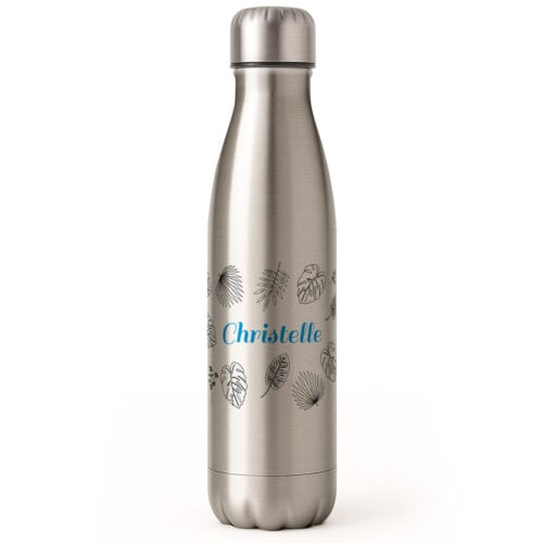 Bouteille isotherme Argent - Feuilles et prénom <br> <strong>  500 ml </strong>