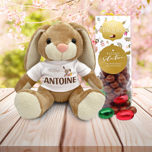 Lapin en peluche 19 cm Joyeuses Pâques + Sachet Noisettines – Image 2