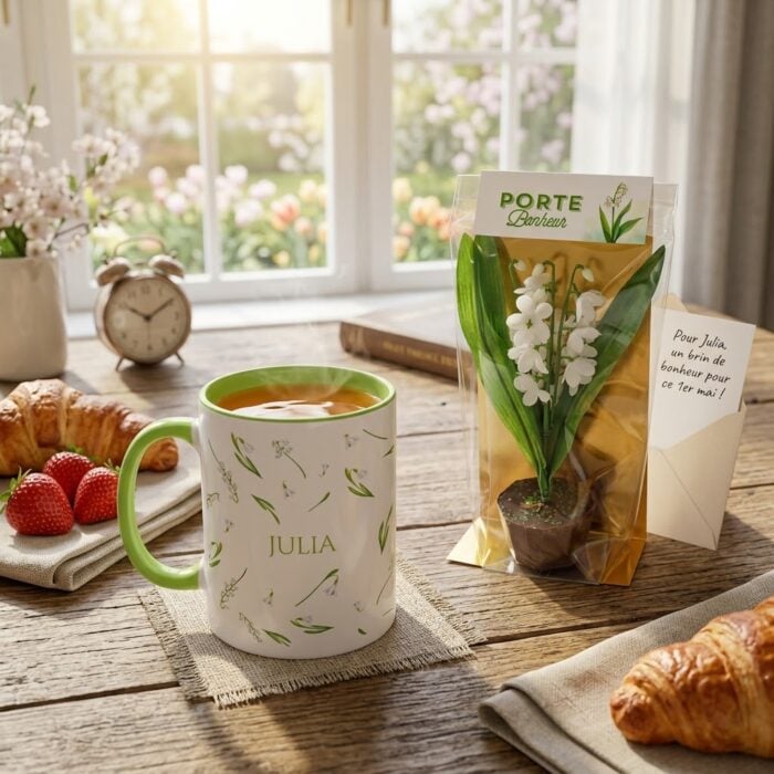 Alternative view of Mug vert Chance et bonheur + Pot de Muguet en chocolat