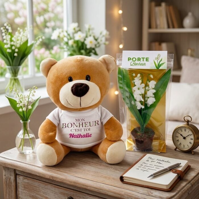 Alternative view of Ours en peluche 23 cm avec prénom + Pot de Muguet en chocolat