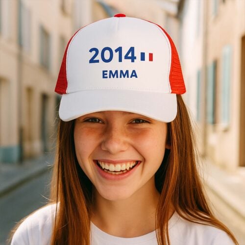 Casquette filet rouge-blanc - Drapeau avec prénom et année de naissance – Image 2