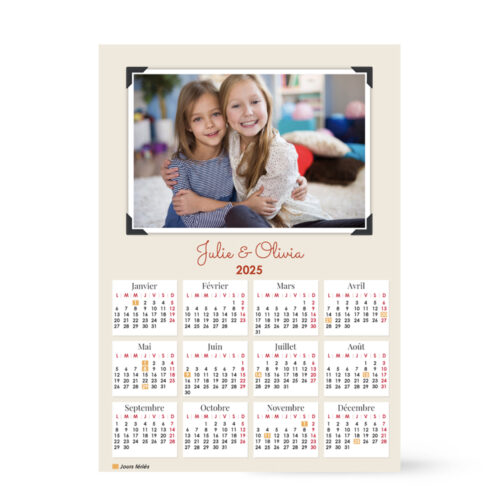 Calendrier format A3 personnalisé - Cadre avec photo