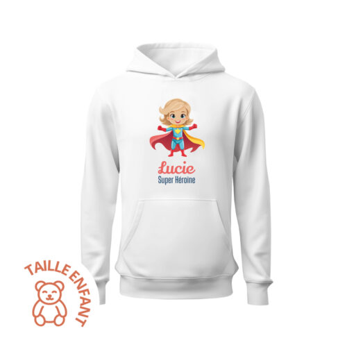 Sweat enfant à capuche blanc - Super Héroïne !