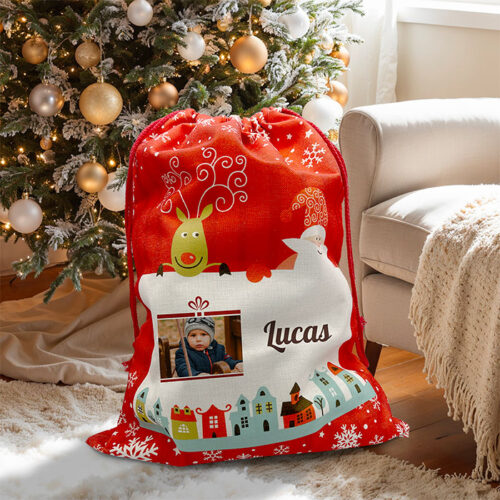 Grande Hotte de Noël rouge personnalisée - Prénom et photo <br> <strong>  50x66cm </strong> – Image 2