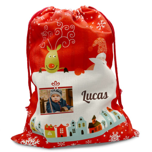 Grande Hotte de Noël rouge personnalisée - Prénom et photo <br> <strong>  50x66cm </strong>