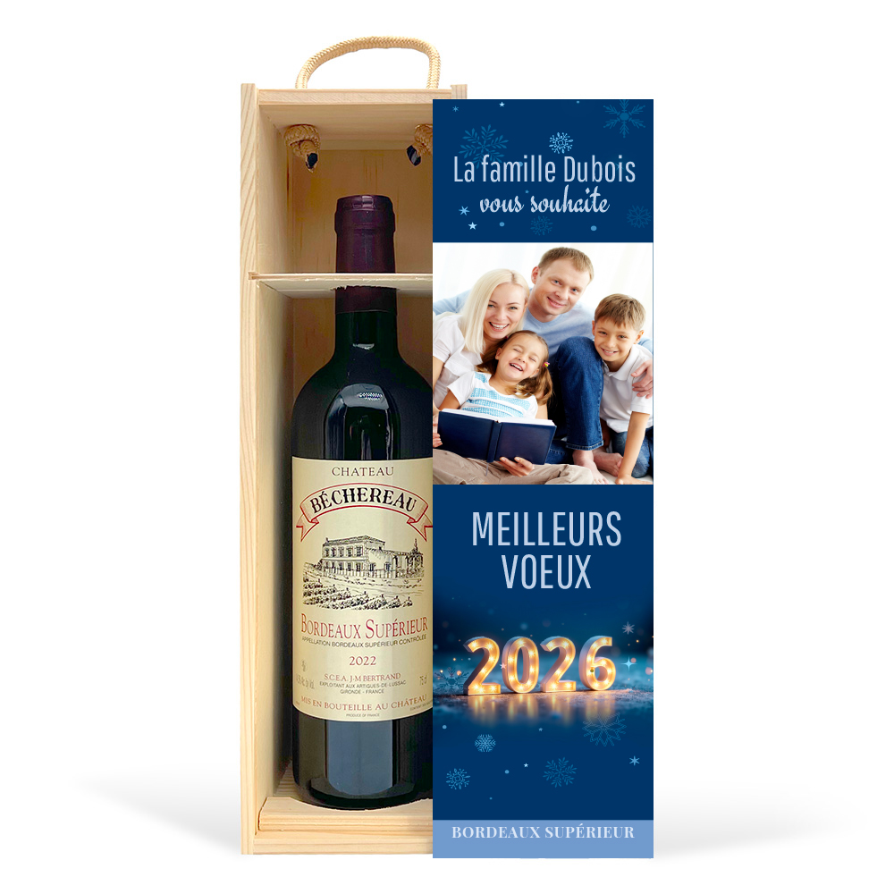 Coffret personnalisé et Vin rouge - Meilleurs voeux flocons neige