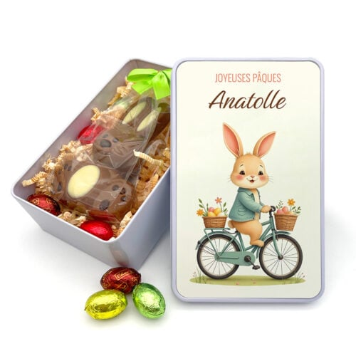 Boîte de Pâques métal rectangulaire - Lapin vélo + Gourmandises