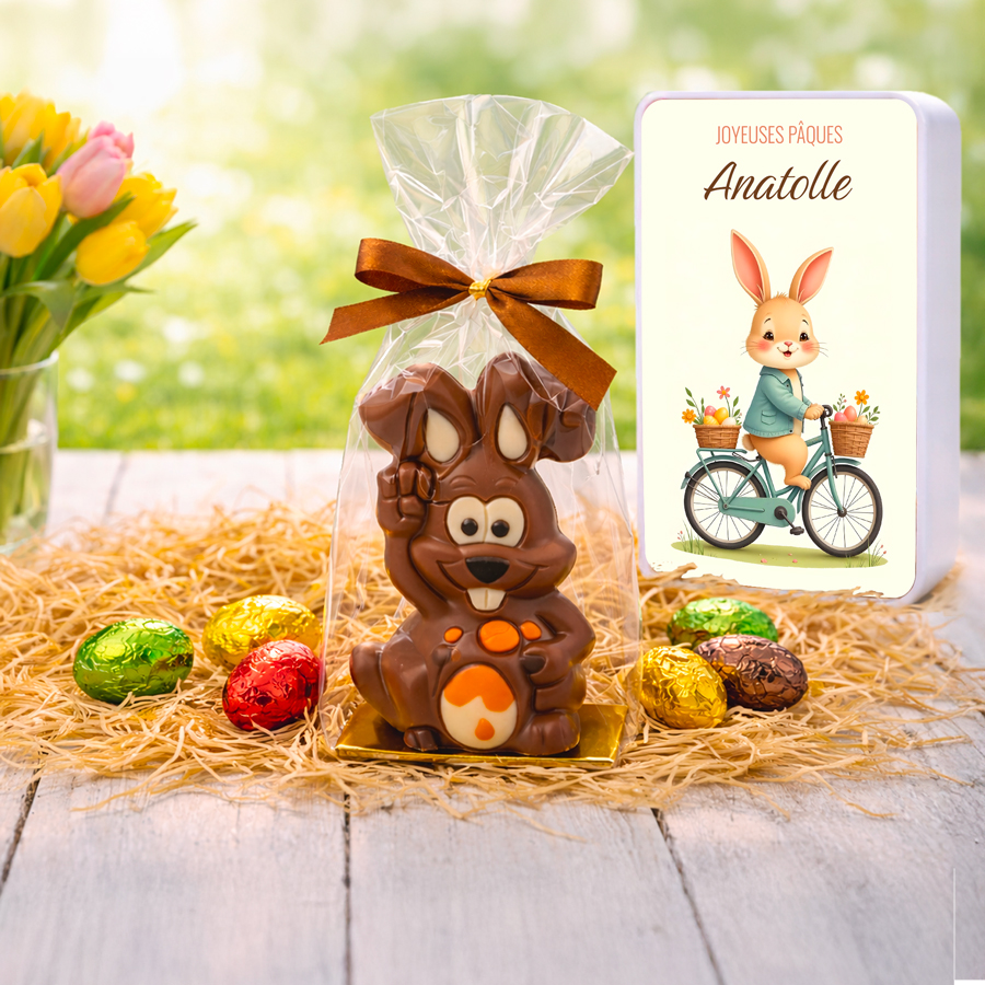 Boîte de Pâques métal rectangulaire - Lapin vélo + Gourmandises