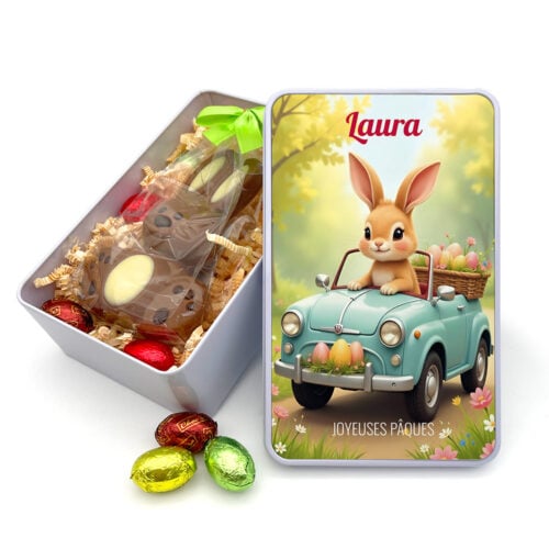 Boîte de Pâques métal rectangulaire - Lapin voiture + Gourmandises