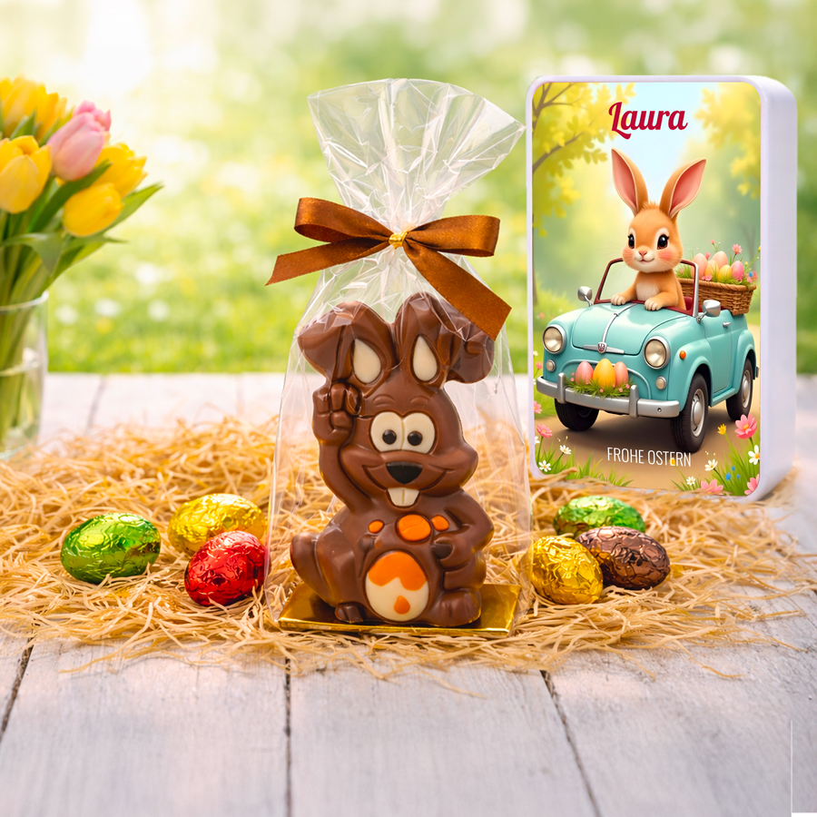 Boîte de Pâques métal rectangulaire - Lapin voiture + Gourmandises