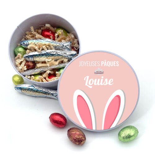 Boîte de Pâques métal ronde - Oreilles de lapin + Gourmandises