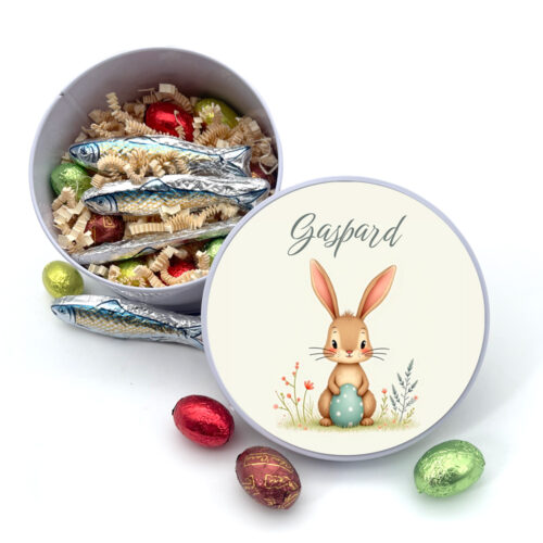 Boîte de Pâques métal ronde - Petit lapin avec prénom + Gourmandises