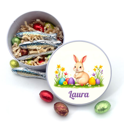 Boîte de Pâques métal ronde - Petits oeufs colorés  + Gourmandises