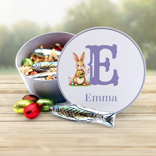 Boîte de Pâques métal ronde - Initiale avec prénom + Gourmandises – Image 2