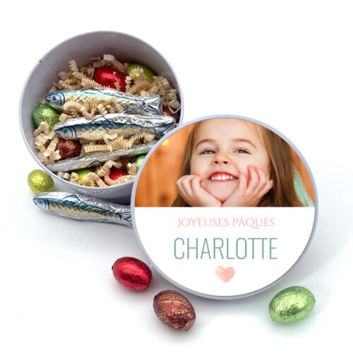 Boîte de Pâques métal ronde - Joyeuses Pâques avec coeur + Gourmandises