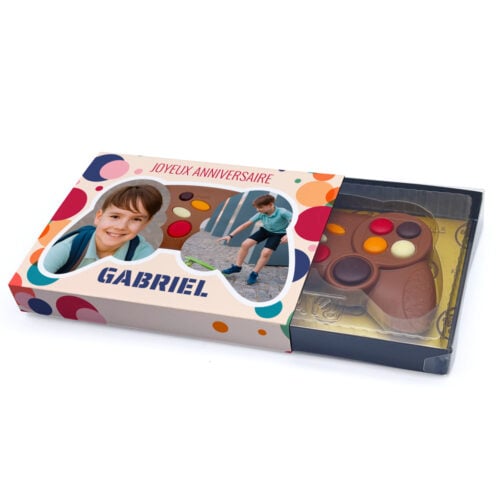 Manette de jeu en chocolat au lait - Joyeux anniversaire avec photo et prénom