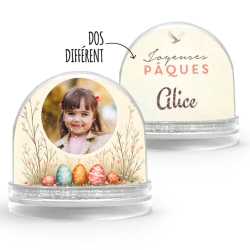 Boule à neige personnalisable 2 faces - Joyeuses Pâques avec prénom