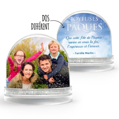 Boule à neige personnalisable 2 faces - Citation de Joyeuses Pâques avec photo de famille