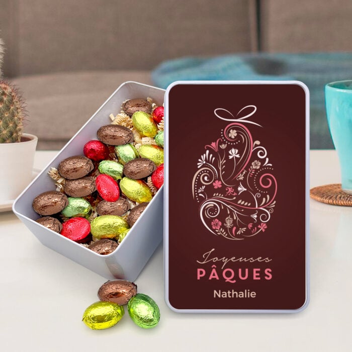Alternative view of Boîte de Pâques rectangulaire - oeufs de chocolat - Oeuf de chocolat avec prénom