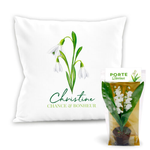 Coussin blanc avec prénom + Pot de Muguet en chocolat