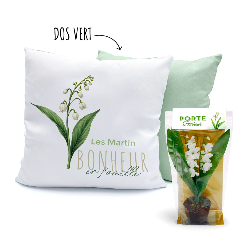 Coussin Bicolore blanc/vert - Bonheur en famille + Pot de Muguet en chocolat