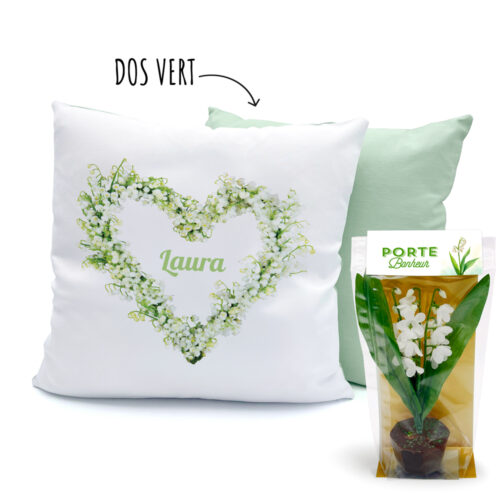 Coussin Bicolore blanc/vert - Coeur de muguet + Pot de Muguet en chocolat