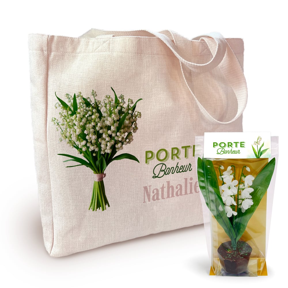 Sac cabas bouquet muguet avec prénom + Pot de Muguet en chocolat – Image 2