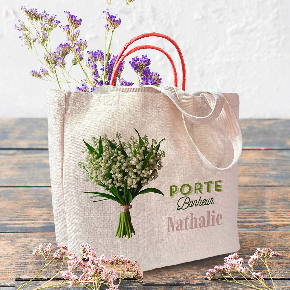 Sac cabas bouquet muguet avec prénom + Pot de Muguet en chocolat