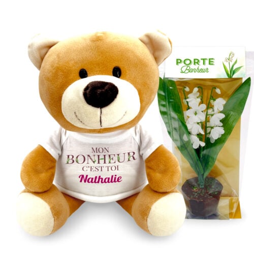 Ours en peluche 23 cm avec prénom + Pot de Muguet en chocolat