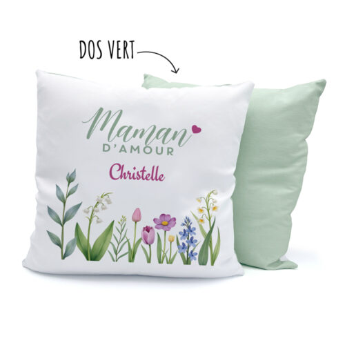 Coussin Bicolore blanc/vert - Maman d'amour avec prénom