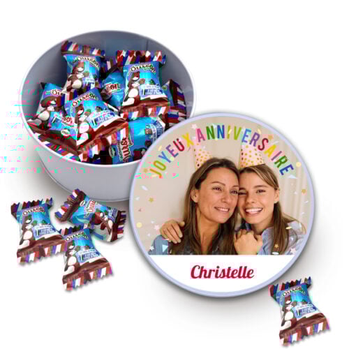 Boîte Ronde Petits Oursons Guimauve – Joyeux anniversaire avec photo et prénom