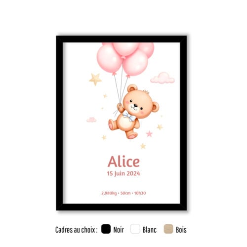 Affiche personnalisée avec cadre - Illustration naissance fille<br> <strong>30 x 40 cm</strong>