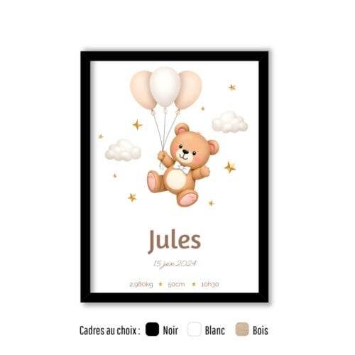 Affiche personnalisée avec cadre - Illustration naissance garçon<br> <strong>30 x 40 cm</strong>