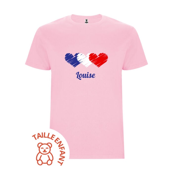 T-shirt Enfant rose - Coeurs tricolores avec prénom