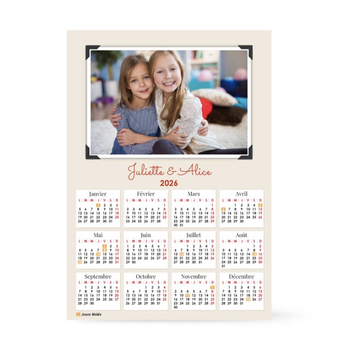 Calendrier format A3 personnalisé - Cadre avec photo