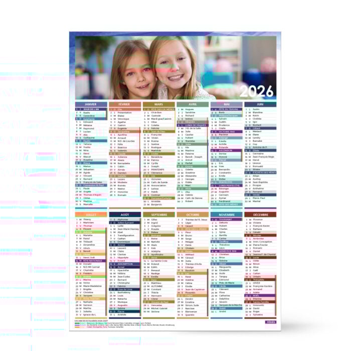Calendrier format A3 personnalisé - Photo avec vacances scolaires