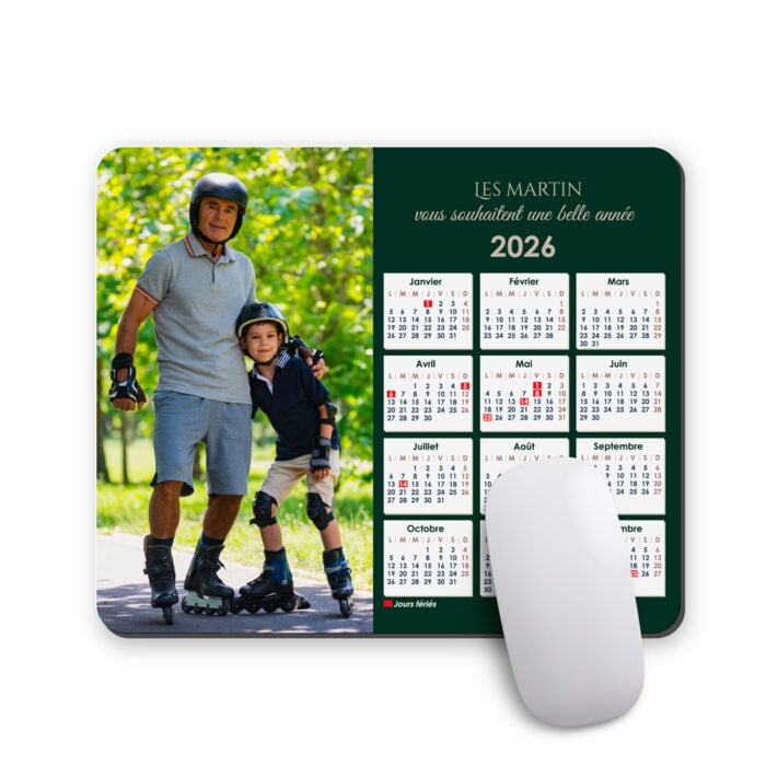 Tapis de souris rectangulaire - Calendrier chat avec photo  <br> <strong>  23,4 x 19,1 cm </strong>