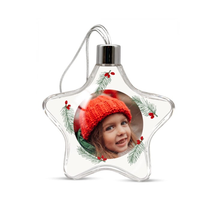 Boule de Noël étoile transparente - Branche de sapin avec photo